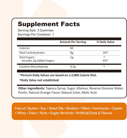 Create Creatine Monohydrate Gummies for Men & Women, Boost Focus, Strength, and Endurance, Anti-Melting Formula, Vegan, Gluten-Free, Non-GMO, 1.5g of Creatine per Gummy (Orange)