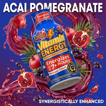 Vitamin Energy Acai Pomegranate Extra Strength Energy Shot, 48 Pack - Up to 7 Hrs, 260mg Natural Caffeine, Zero Sugar - B12 11,000% DV + B6 2,118% DV + Taurine 1,500mg, 1.93 fl oz, Keto Vegan