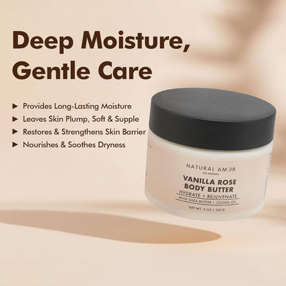 Natural Amor Vanilla Rose Body Butter with Shea Butter & Jojoba Oil – Deep Moisturizing Cream for Dry Skin – Non-Greasy Daily Skincare for Women & Men – 5oz