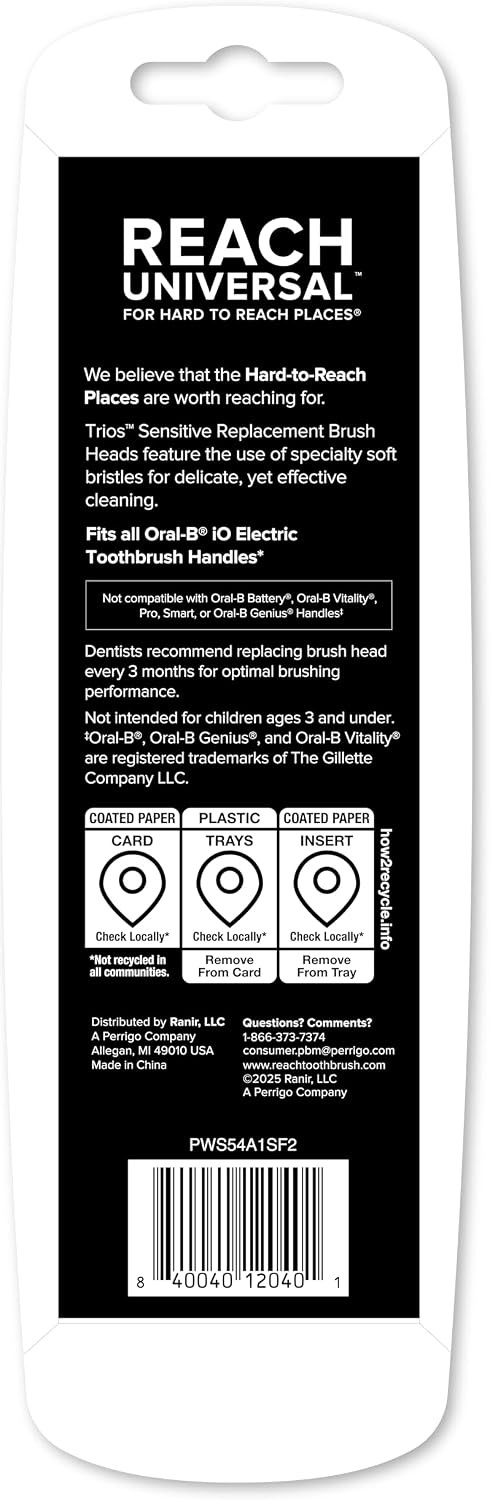 Reach Sensitive Replacement Toothbrush Heads, Black, 2 Ct, Fits All Oral-B iO Electric Toothbrushes, Gentle Triple-Action Ultra-Soft Bristles to Polish Away Stains, Remove Plaque, Care for Gums