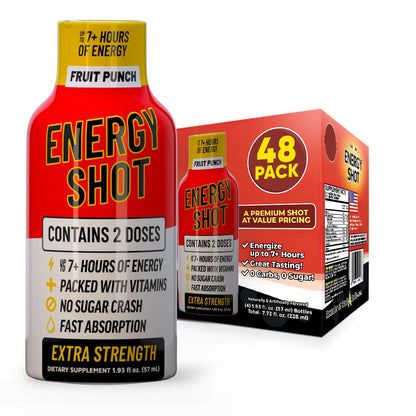 Fruit Punch Extra Strength Energy Shot 48 pk – 260mg Natural Caffeine B12 B6 – Energy & Focus Support – 2 Servings Sugar Free Zero Calorie Green Tea B-Vitamins Electrolytes Vegan – 1.93 fl oz
