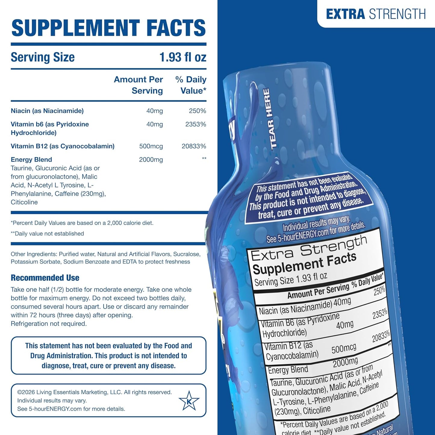 5-hour ENERGY BLUE RASPBERRY Flavor, 30 Count, 1.93 Fl Oz Energy Shot, Extra Strength, Amino Acids, B Vitamins, Sugar Free and Zero Calories