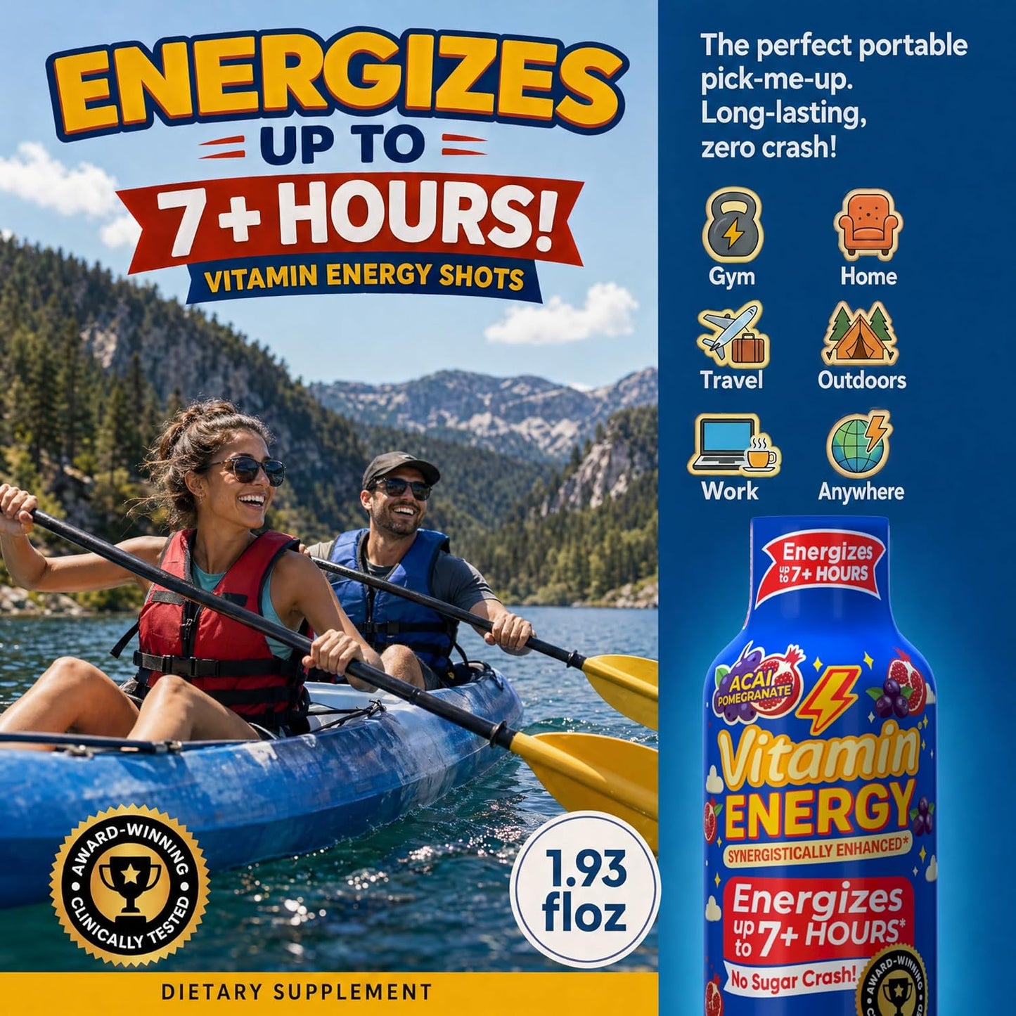 Vitamin Energy Acai Pomegranate Extra Strength Energy Shot, 48 Pack - Up to 7 Hrs, 260mg Natural Caffeine, Zero Sugar - B12 11,000% DV + B6 2,118% DV + Taurine 1,500mg, 1.93 fl oz, Keto Vegan