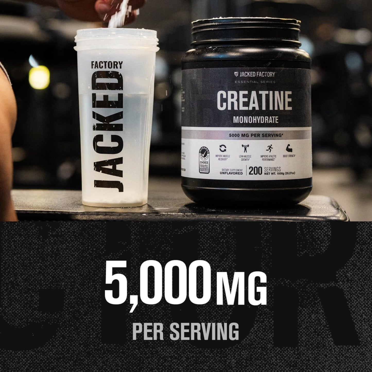 Jacked Factory Creatine Monohydrate Powder 1000g - 5g Daily Creatine Supplement for Men and Women, Vegan-Friendly, Third-Party Tested - 200 Servings, Unflavored