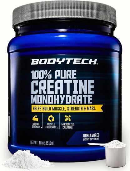 BodyTech Creatine Monohydrate Powder, Unflavored Micronized Creatine Formula for Men and Women, 5g per Serving, Pre Workout & Post Workout Supplement, Gluten Free, Sugar Free, 18 Oz, 102 Servings