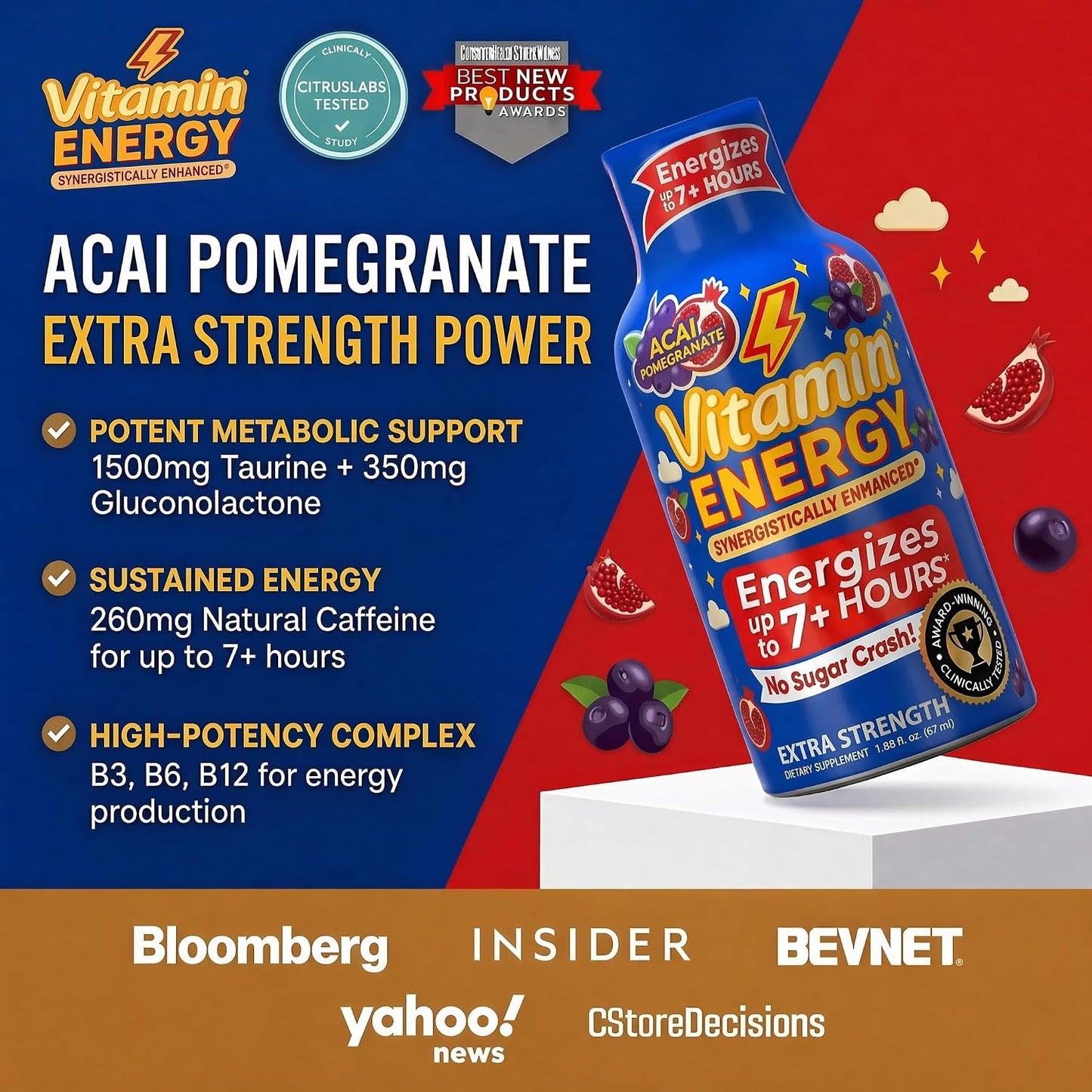 Vitamin Energy Acai Pomegranate Extra Strength Energy Shot, 48 Pack - Up to 7 Hrs, 260mg Natural Caffeine, Zero Sugar - B12 11,000% DV + B6 2,118% DV + Taurine 1,500mg, 1.93 fl oz, Keto Vegan