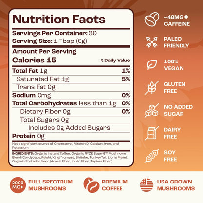 RYZE SUPERFOODS Mushroom Medium Roast Coffee USDA Organic with 6 Adaptogenic Mushrooms for Better Energy, Focus Digestion Immunity with Lions Mane & Turkey Tail 30 Pack of 1