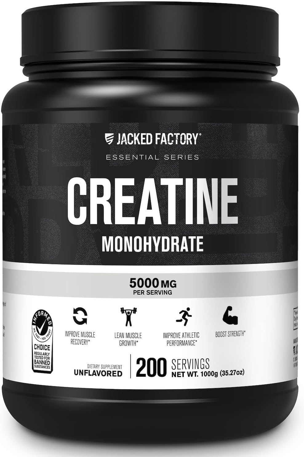 Jacked Factory Creatine Monohydrate Powder 1000g - 5g Daily Creatine Supplement for Men and Women, Vegan-Friendly, Third-Party Tested - 200 Servings, Unflavored