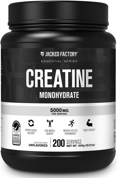 Jacked Factory Creatine Monohydrate Powder 1000g - 5g Daily Creatine Supplement for Men and Women, Vegan-Friendly, Third-Party Tested - 200 Servings, Unflavored