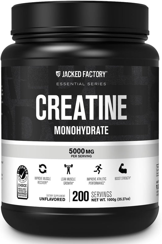 Jacked Factory Creatine Monohydrate Powder 1000g - 5g Daily Creatine Supplement for Men and Women, Vegan-Friendly, Third-Party Tested - 200 Servings, Unflavored