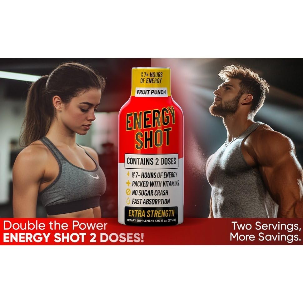 Fruit Punch Extra Strength Energy Shot 48 pk – 260mg Natural Caffeine B12 B6 – Energy & Focus Support – 2 Servings Sugar Free Zero Calorie Green Tea B-Vitamins Electrolytes Vegan – 1.93 fl oz