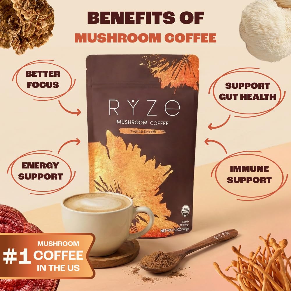 RYZE SUPERFOODS Mushroom Medium Roast Coffee USDA Organic with 6 Adaptogenic Mushrooms for Better Energy, Focus Digestion Immunity with Lions Mane & Turkey Tail 30 Pack of 1