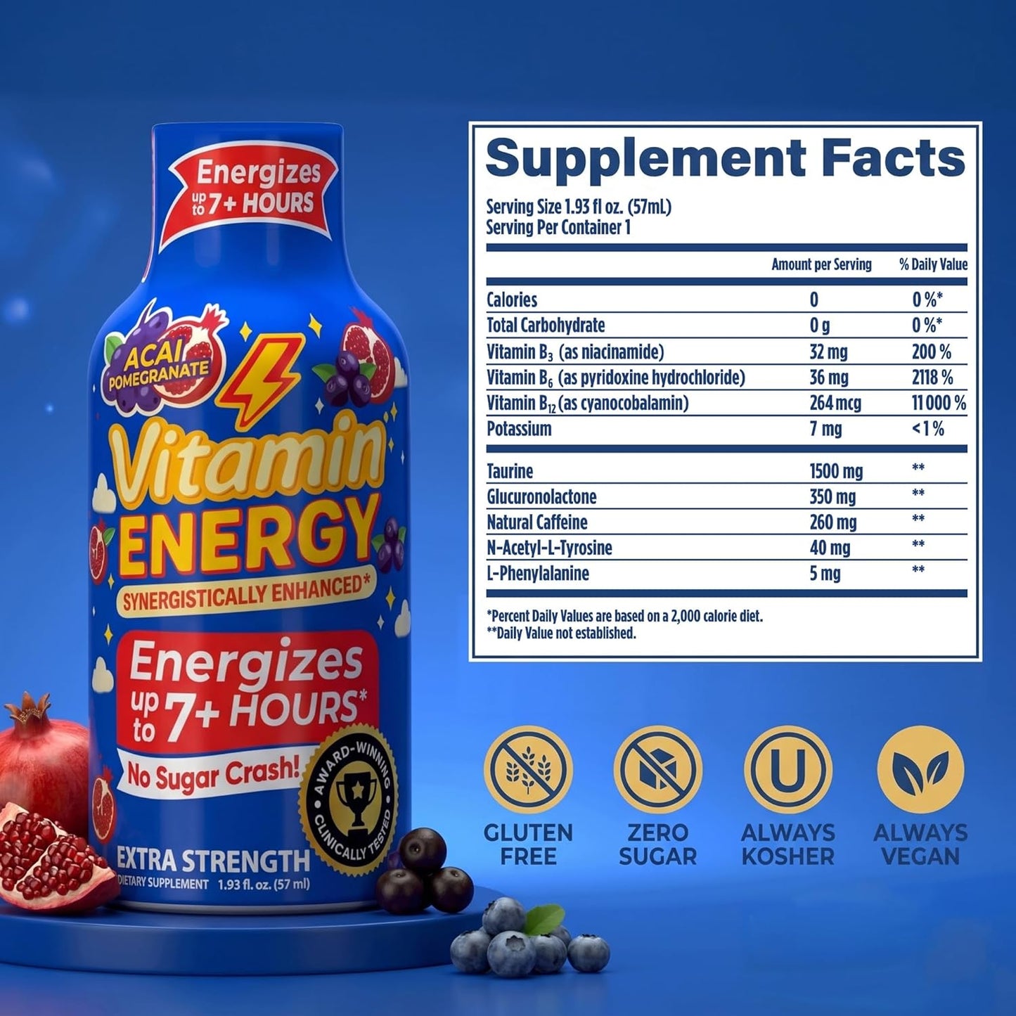 Vitamin Energy Acai Pomegranate Extra Strength Energy Shot, 48 Pack - Up to 7 Hrs, 260mg Natural Caffeine, Zero Sugar - B12 11,000% DV + B6 2,118% DV + Taurine 1,500mg, 1.93 fl oz, Keto Vegan